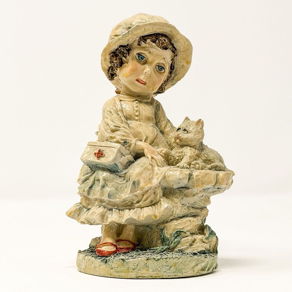 Vintage Duncan Royale Girl With Cat Figurine Nurse Hand Painted Resin 6”